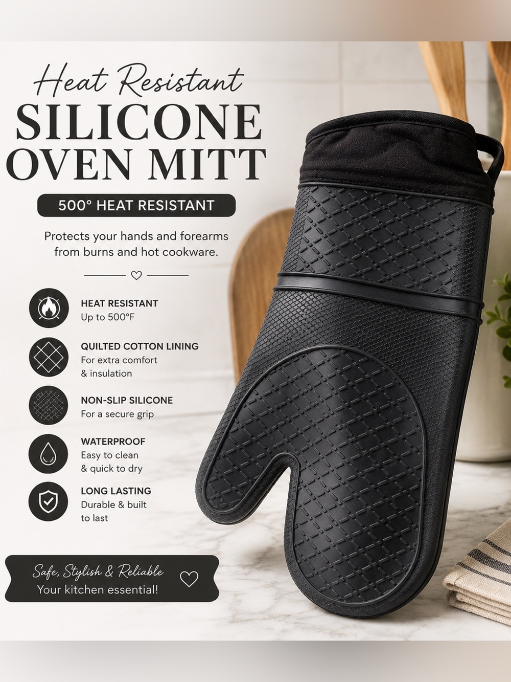 Black Silicon & Cotton Oven Mitt 500° Rating Nwt